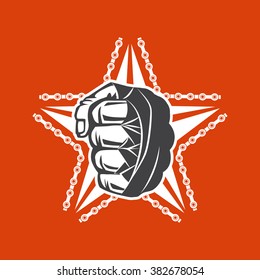 Vector illustration street fighting club emblem with star, fist and chain for t shirt print.