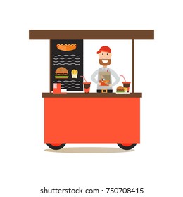 Vector Illustration Of Street Food Cart And Salesman Holding Paper Bag With Hot Dog And Soft Drink. Street People Flat Style Design Element, Icon Isolated On White Background.