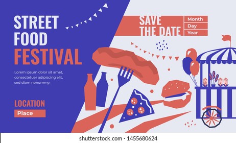 Vector illustration of Street Food Festival with Save the date. Fast food store on wheels, cart with drink, burger,pizza, popcorn,sausage. Design template for event poster, banner, advert,print, flyer