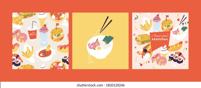 Vector illustration street food festival horizontal poster or banner. Compostion with junk food or fast food