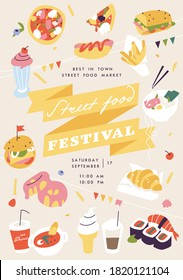 Vector illustration street food festival vertical poster or banner. Compostion with junk food or fast food