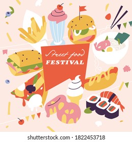 Vector illustration street food festival horizontal poster or banner. Compostion with junk food or fast food