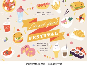 Vector illustration street food festival horizontal poster or banner. Compostion with junk food or fast food