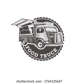 Vector illustration of street food truck graphic badge. Food old logo design.EPS 10