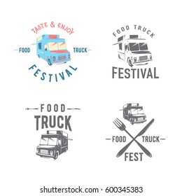 Vector illustration of street food truck graphic badge set. Food old logo design. Foodstuffs background printable. Vintage kitchen print element with fork and knife, text and truck