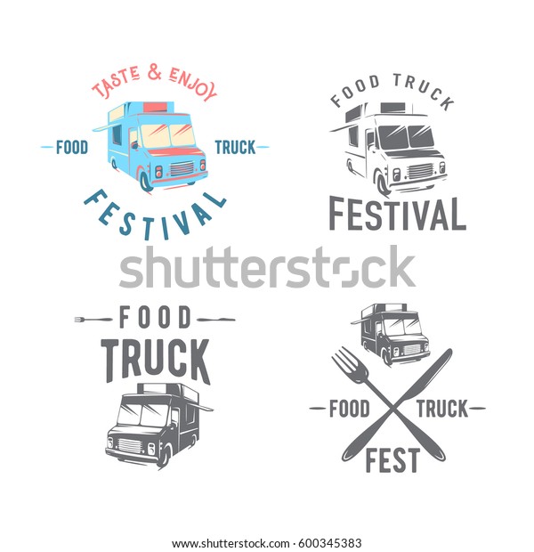 Vector\
illustration of street food truck graphic badge set. Food old logo\
design. Foodstuffs background printable. Vintage kitchen print\
element with fork and knife, text and\
truck