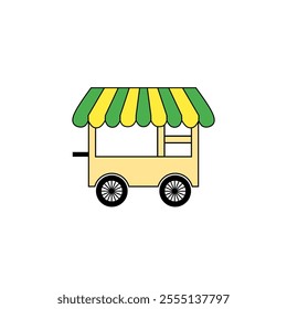 Vector illustration of a street food vendor cart with green and yellow striped awning, suitable for open market themes, small businesses, and food stalls.