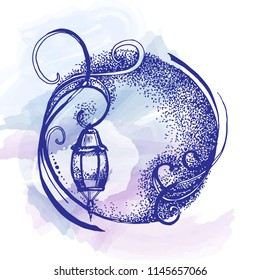 vector illustration. street hand drawn lantern. watercolor background