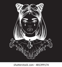 Vector illustration in street hand drawn style. Portrait of gothic young beautiful woman. Template for card banner poster and print for t-shirt