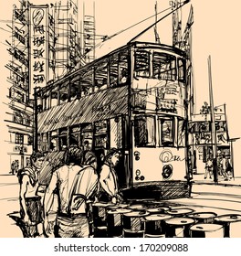 Vector illustration of a street in Hong Kong with a tramway (All texts, chinese characters, ads are purely fictitious)