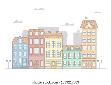 vector illustration with a street of houses of different colors and sizes