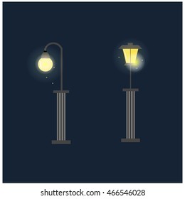 Vector illustration of a street lamp at night. Set of two street lamps.Trendy flat design for design web pages and polygraphy. Isolated on blue background.