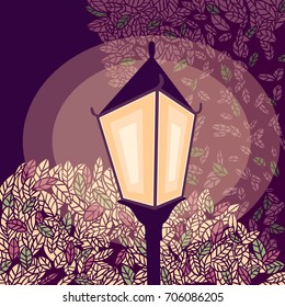Vector illustration of a street lamp on a background of autumn leaves in the evening