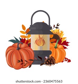 Vector illustration. Street lamp, pumpkins, autumn leaves. Halloween, Thanksgiving. Isolated vector. Design element.