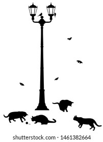 Vector illustration of street lantern, couple of birds, butterflies and playing cats in black color, isolated, on white background.