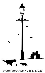 Vector illustration of street lantern, couple of birds, butterflies and playing cats in black color, isolated, on white background.