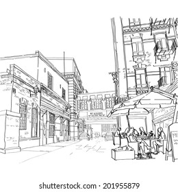 Vector illustration of street in Moscow. Street cafe