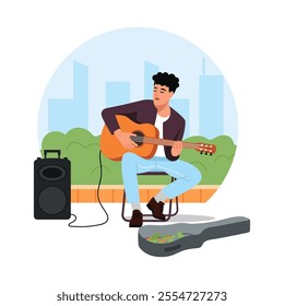 Vector illustration of a street musician. Cartoon scene of a talented guy sitting on the street, playing the guitar, a music column, city houses, bushes isolated on a white background. Receives money.