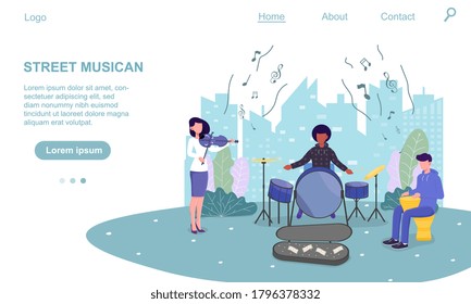 Vector illustration of street musician. People playing on drums and violin in city park