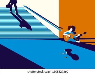 Vector illustration of a street musician playing the guitar in the underpass. In the background is a departing man who put the money next to his hat.
