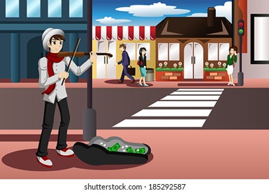 A vector illustration of street musician playing violin in the street