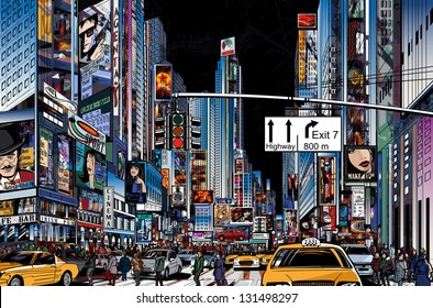 Vector Illustration of a street in New York city at night