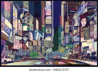 Ilustración vectorial de una calle en la ciudad de Nueva York de noche