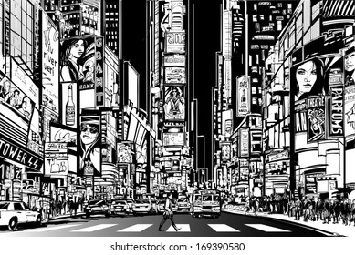 Vector Illustration Of A Street In New York City At Night