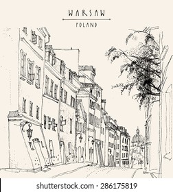Vector illustration of a street in old town of Warsaw, Poland, Europe. Historic old buildings. Travel sketch drawing, hand lettering. Monochrome vintage postcard, poster or banner template