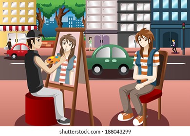 A vector illustration of street painter drawing people face