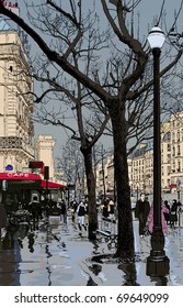 Vector illustration of a street in Paris under the rain