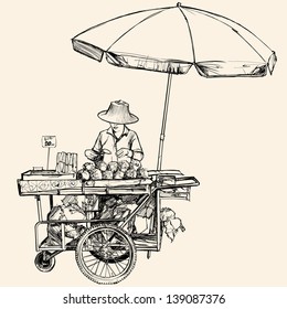 Vector Illustration Of A Street Seller In Bangkok