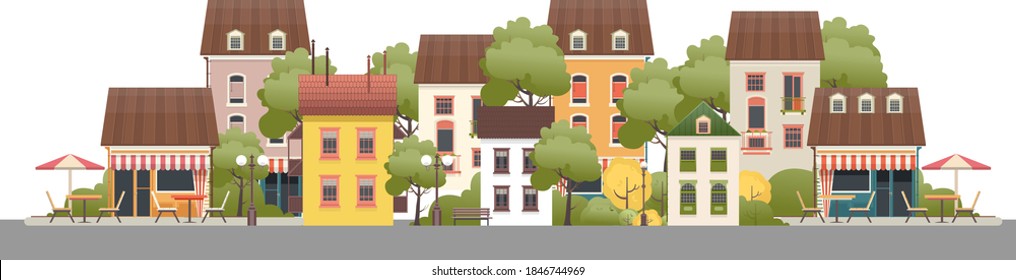 ilustración vectorial de una calle con pequeñas casas acogedoras y patios y árboles aislados en fondo blanco