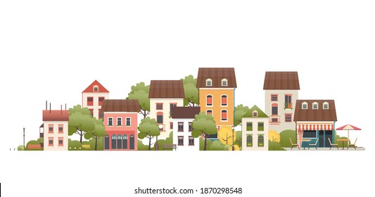 vector illustration of a street with small cozy houses and courtyards with trees isolated on white background