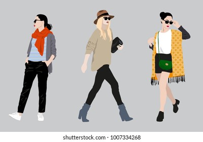 Vector illustration. Street style girls isolated on background.