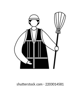 Ilustración vectorial de un barrendero en un chaleco reflectante con una escoba. Profesión.