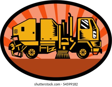 vector illustration of a street sweeper truck set inside an ellipse with sunburst