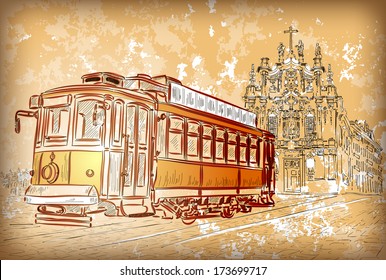 Vector illustration of street tram in Porto, Portugal 