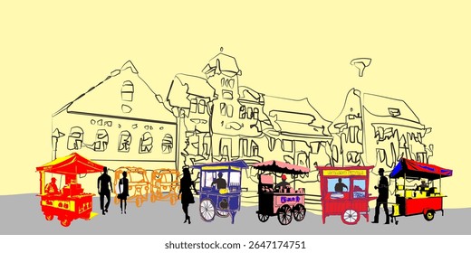 Vector illustration of street vendor on a busy pedestrian street. Sketch background of old buildings, historical buildings. Delicious meatballs = delicious meatballs, Chicken satay = chicken satay