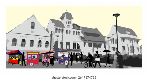 Vector illustration of street vendor on a busy pedestrian street. Sketch background of old buildings, historical buildings. Delicious meatballs = delicious meatballs, Chicken satay = chicken satay