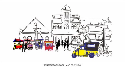 Ilustração vetorial de vendedor ambulante numa rua pedonal movimentada. Esboço de fundo de edifícios antigos, edifícios históricos. Deliciosas almôndegas = deliciosas almôndegas, Frango satay = frango satay
