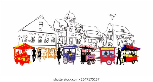 Ilustração vetorial de vendedor ambulante numa rua pedonal movimentada. Esboço de fundo de edifícios antigos, edifícios históricos. Deliciosas almôndegas = deliciosas almôndegas, Frango satay = frango satay.