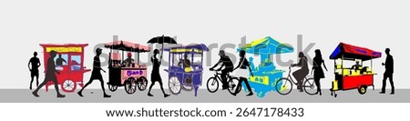 Vector illustration of a street vendor on a busy pedestrian street. Bakso enak = delicious meatballs, Sate ayam = chicken satay, Dawet ayu (in Indonesian)=traditional drink from central java 