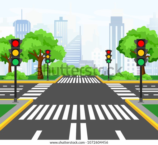 現代の都市 市の交差点にある道路横断のベクターイラストで 歩行者用の信号 標示 木 歩道が描かれています 背景に美しい都市の風景 のベクター画像素材 ロイヤリティフリー 1072604456
