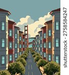 Vector illustration. Streets of San Francisco, California. Retro style. Suitable for background, postcard, banner, poster, or cover.