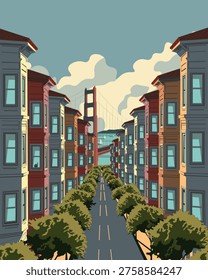 Vector illustration. Streets of San Francisco, California. Retro style. Suitable for background, postcard, banner, poster, or cover.