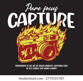 Vector illustration streetwear of camera and capture text for T-Shirt design with slogan and distortion artwork