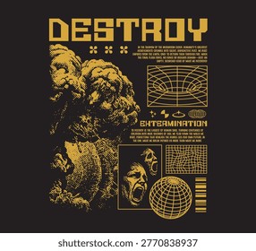 Vector illustration streetwear of a retro explosion and destroy text for T-Shirt design with slogan and distortion artwork
