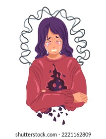 Vector illustration. Stress crowd, anxiety. Сomposition with girl crying, falling apart into pieces. Posters and prints for tee, flat art, cartoon style