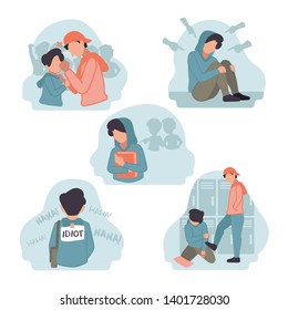 Vector Illustration of stress depression sad shocked male boy junior high school student bullied by senior teacher friend in college corridor hurt Hate speech, harassment, body shaming, gossip, pinch